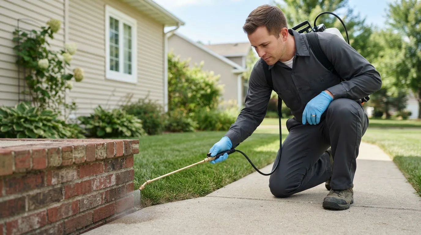 Pest control technician treating a home near Gilmer, TX